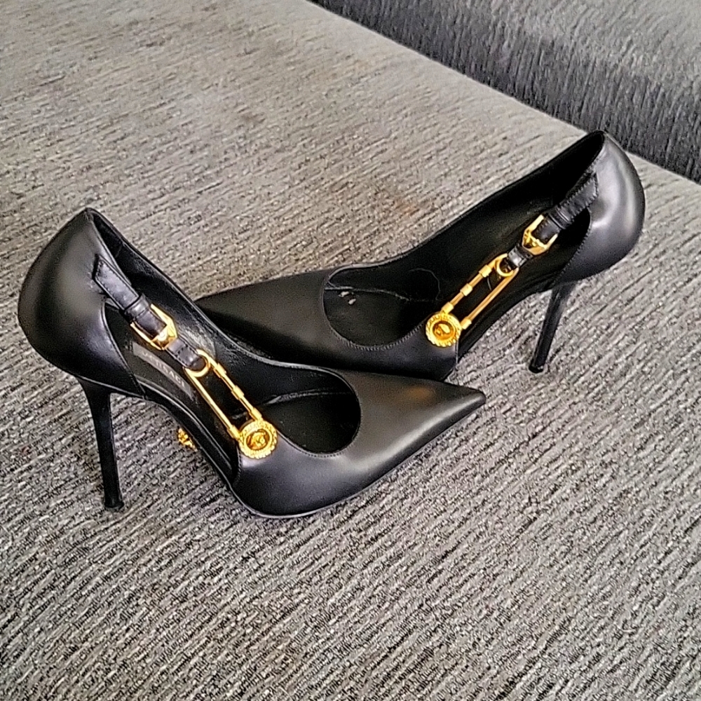 Black Versace safety pin pumps